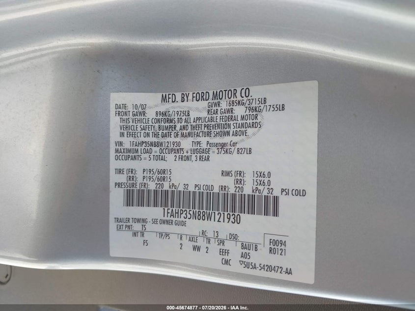2008 Ford Focus Se/Ses VIN: 1FAHP35N88W121930 Lot: 45674877