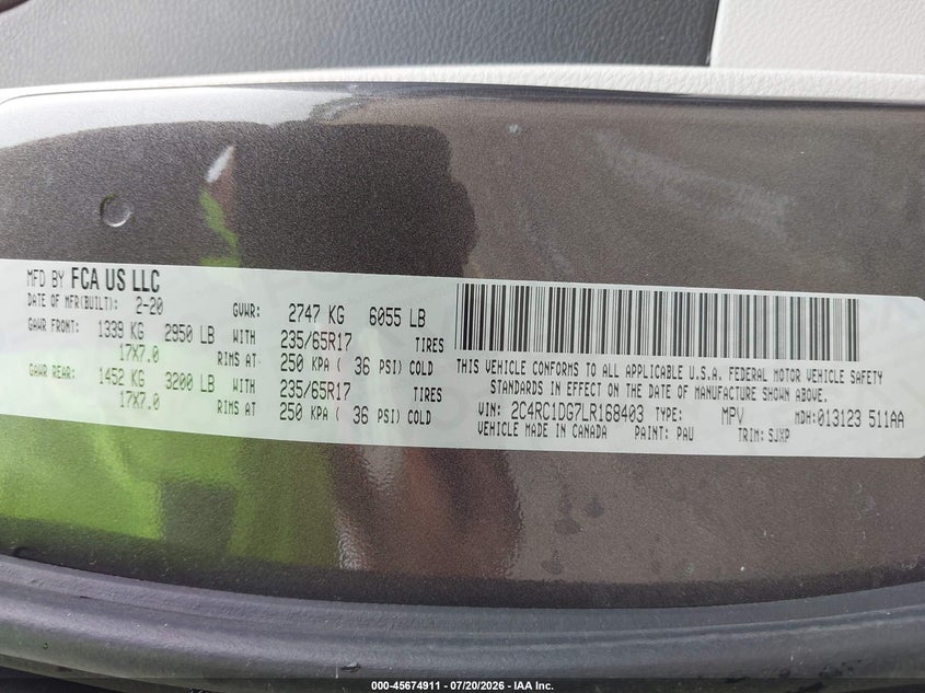 2020 Chrysler Voyager Lxi VIN: 2C4RC1DG7LR168403 Lot: 45674911