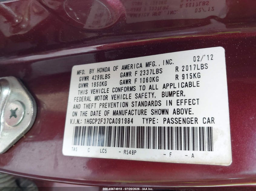 2012 Honda Accord 2.4 Lx VIN: 1HGCP2F37CA091984 Lot: 45674918
