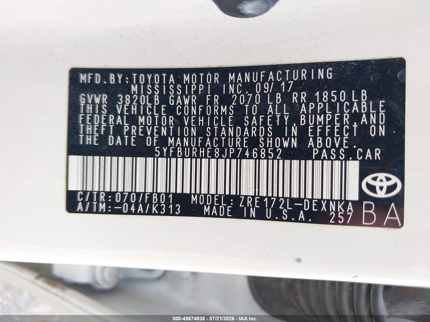 2018 Toyota Corolla Le VIN: 5YFBURHE8JP746852 Lot: 45674938