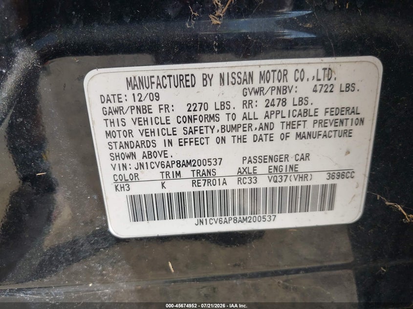 2010 Infiniti G37 Journey VIN: JN1CV6AP8AM200537 Lot: 45674952