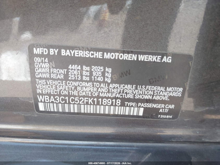 2015 BMW 328I VIN: WBA3C1C52FK118918 Lot: 45674980