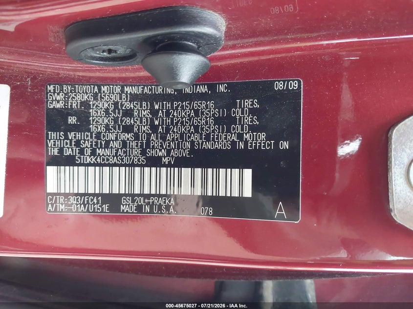 2010 Toyota Sienna Le VIN: 5TDKK4CC8AS307835 Lot: 45675027