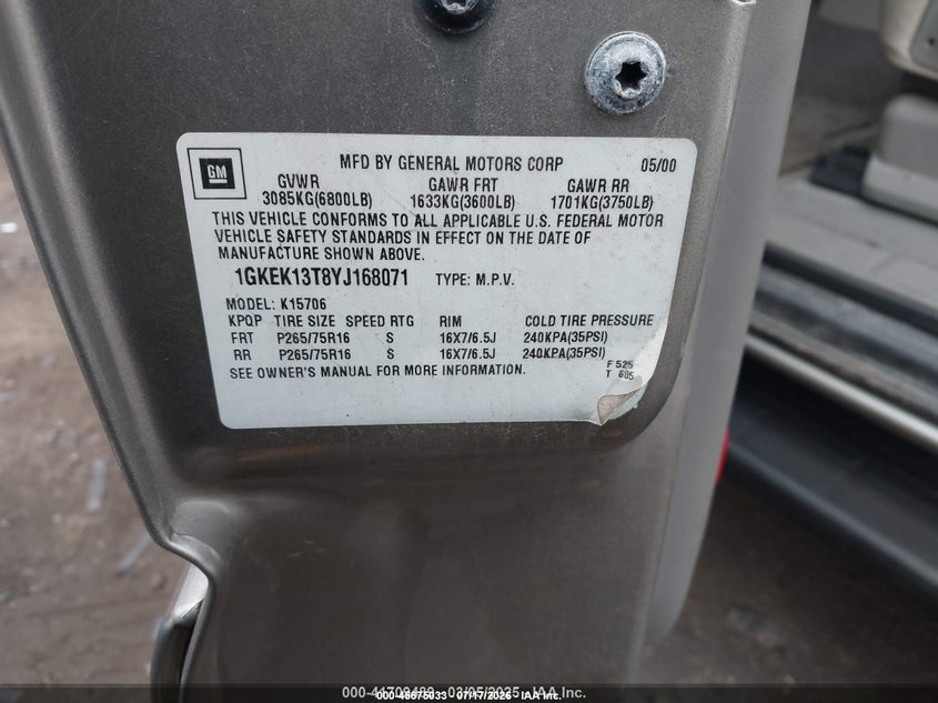 GMC YUKON 2000 VIN 1GKEK13T8YJ168071