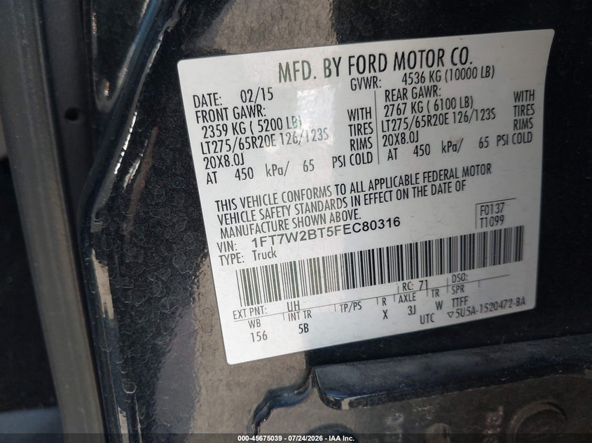 FORD F-250 2015 VIN 1FT7W2BT5FEC80316