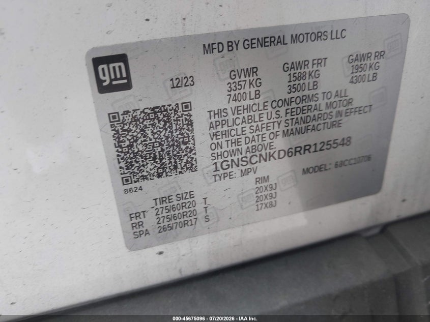 2024 Chevrolet Tahoe 2Wd Lt VIN: 1GNSCNKD6RR125548 Lot: 45675096