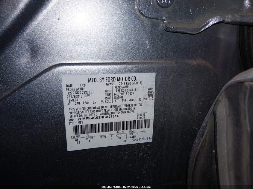 2022 Ford Edge Se VIN: 2FMPK4G93NBA27814 Lot: 45675105