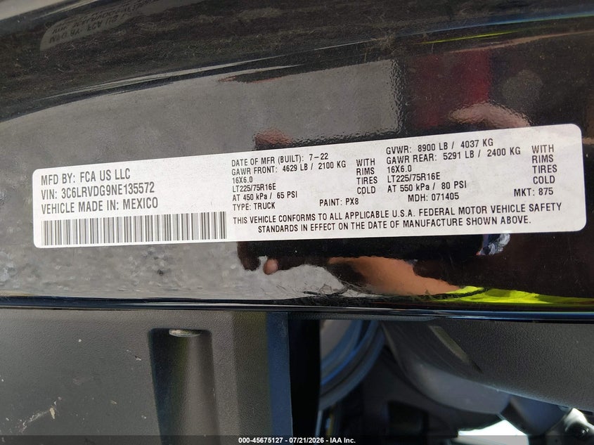 2022 Ram Promaster 2500 High Roof 159 Wb VIN: 3C6LRVDG9NE135572 Lot: 45675127