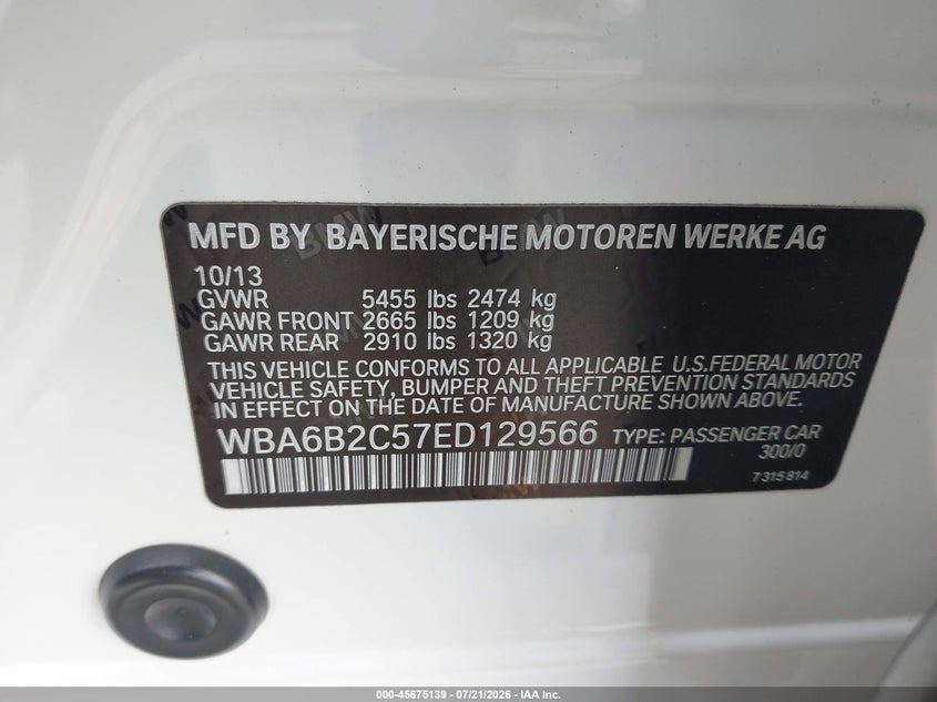 2014 BMW 650I Gran Coupe VIN: WBA6B2C57ED129566 Lot: 45675139