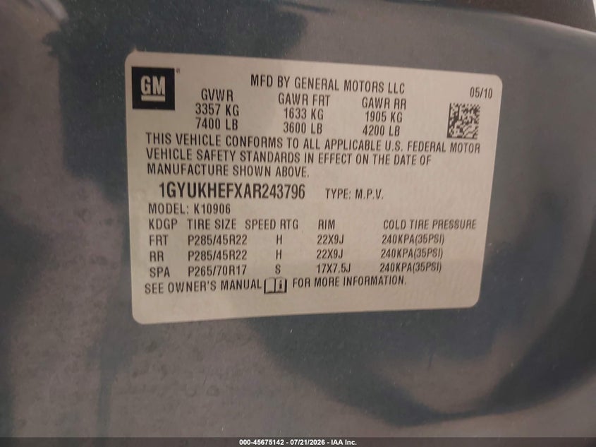 CADILLAC ESCALADE ESV 2010 VIN 1GYUKHEFXAR243796