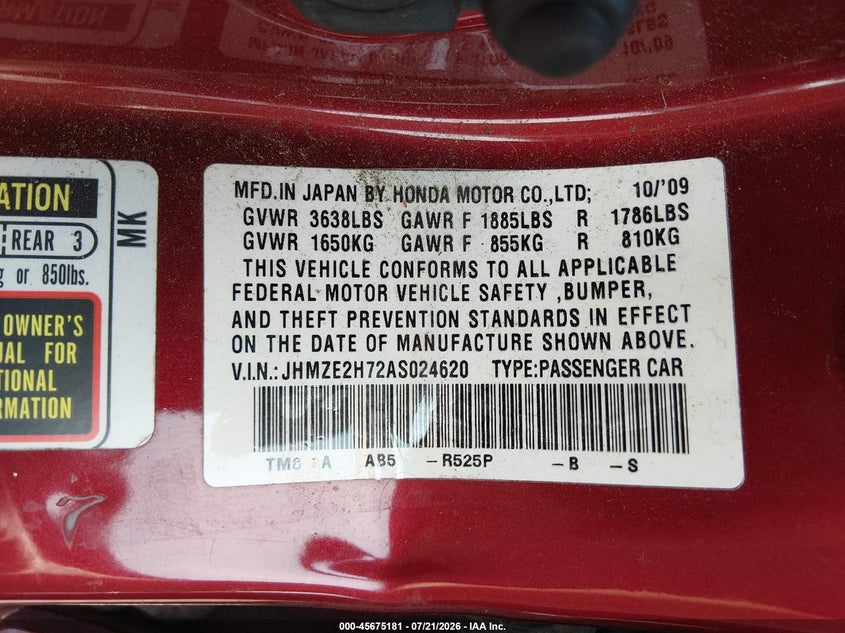 2010 Honda Insight Ex VIN: JHMZE2H72AS024620 Lot: 45675181