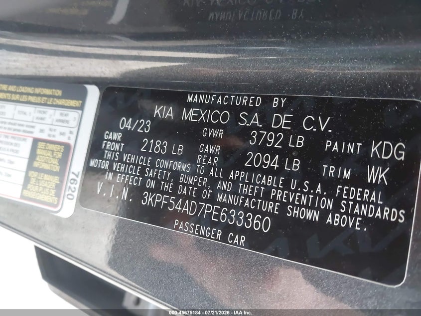 2023 Kia Forte Gt-Line VIN: 3KPF54AD7PE633360 Lot: 45675184