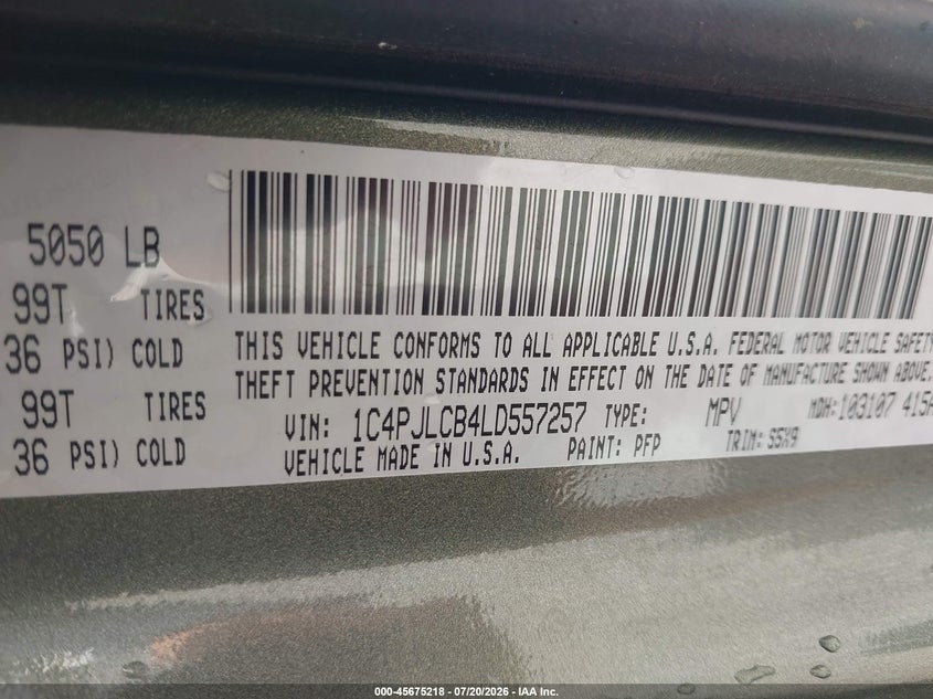 2020 Jeep Cherokee Latitude Fwd VIN: 1C4PJLCB4LD557257 Lot: 45675218