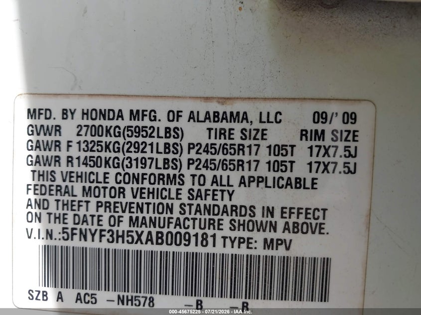 2010 Honda Pilot Ex-L VIN: 5FNYF3H5XAB009181 Lot: 45675225