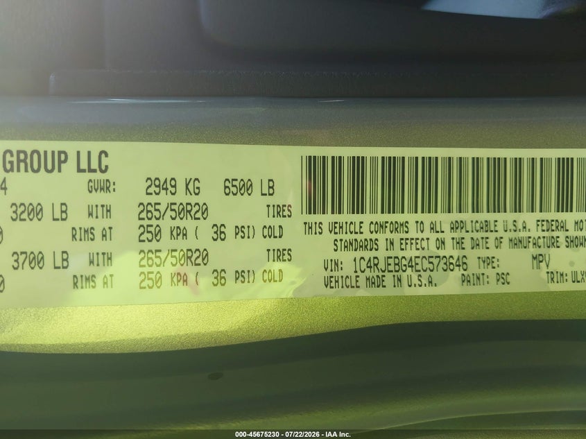 2014 Jeep Grand Cherokee Limited VIN: 1C4RJEBG4EC573646 Lot: 45675230