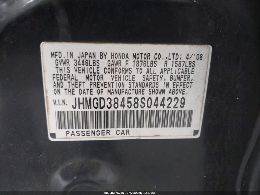 2008 Honda Fit VIN: JHMGD38458S044229 Lot: 45675236