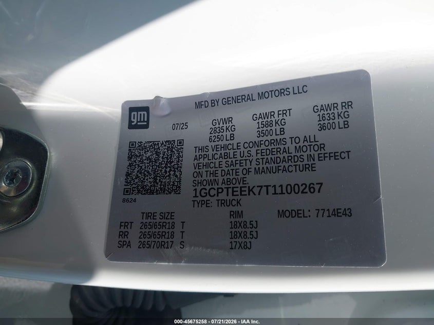 2026 Chevrolet Colorado Trail Boss, 4Wd VIN: 1GCPTEEK7T1100267 Lot: 45675258