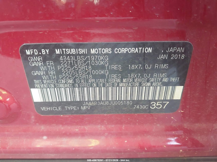 2018 Mitsubishi Outlander Sport 2.0 Es VIN: JA4AP3AU8JU005180 Lot: 45675261