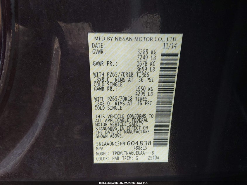 2015 Nissan Armada Platinum/Sl/Sv VIN: 5N1AA0NC2FN604838 Lot: 45675286