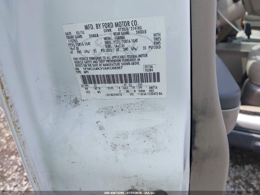 2010 Ford Escape Hybrid Limited VIN: 1FMCU4K31AK368587 Lot: 45675299