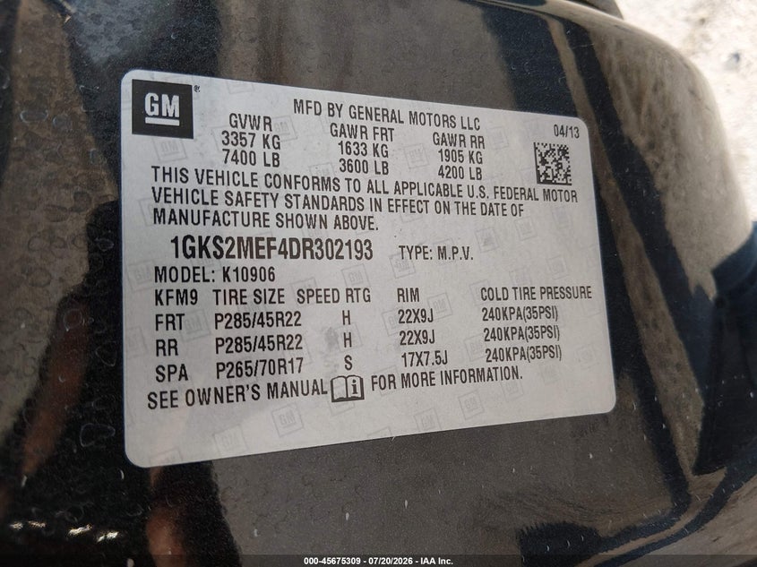 2013 GMC Yukon Xl 1500 Denali VIN: 1GKS2MEF4DR302193 Lot: 45675309