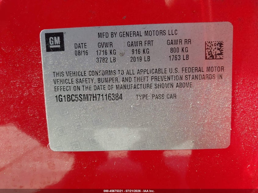 2017 Chevrolet Cruze Ls Auto VIN: 1G1BC5SM7H7116384 Lot: 45675321