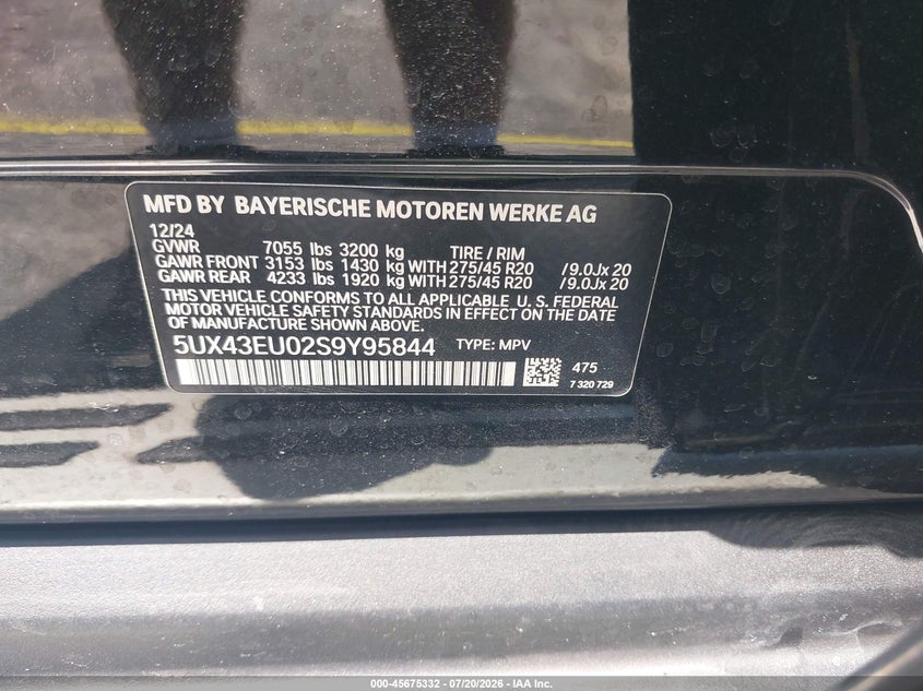 2025 BMW X5 Phev xDrive50E VIN: 5UX43EU02S9Y95844 Lot: 45675332