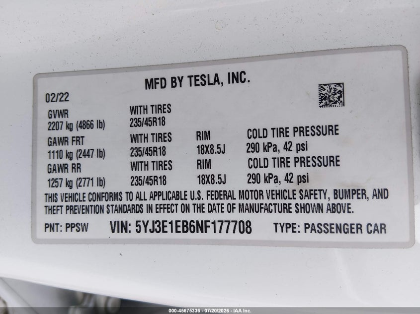 2022 Tesla Model 3 Long Range Dual Motor All-Wheel Drive VIN: 5YJ3E1EB6NF177708 Lot: 45675336