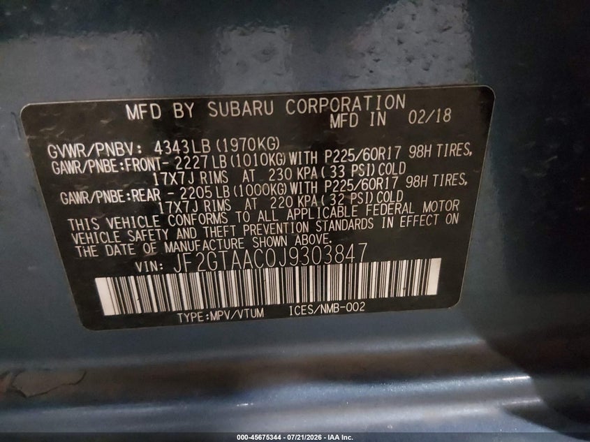 2018 Subaru Crosstrek 2.0I VIN: JF2GTAAC0J9303847 Lot: 45675344