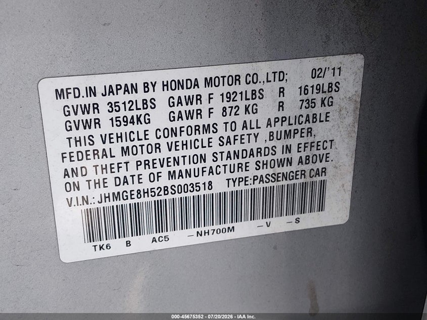 2011 Honda Fit Sport VIN: JHMGE8H52BS003518 Lot: 45675352