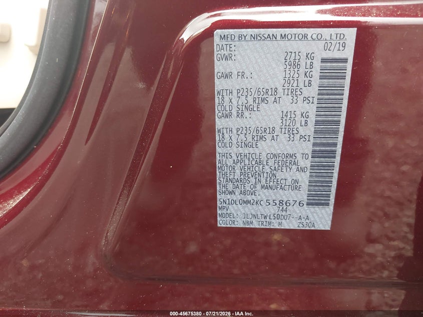 2019 Infiniti Qx60 Luxe VIN: 5N1DL0MM2KC558676 Lot: 45675380