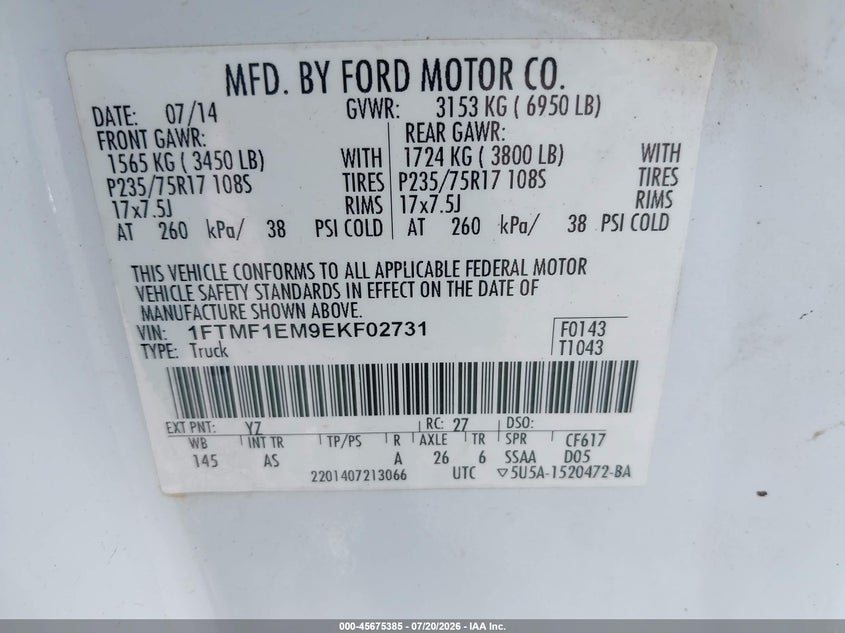2014 Ford F-150 Xl VIN: 1FTMF1EM9EKF02731 Lot: 45675385
