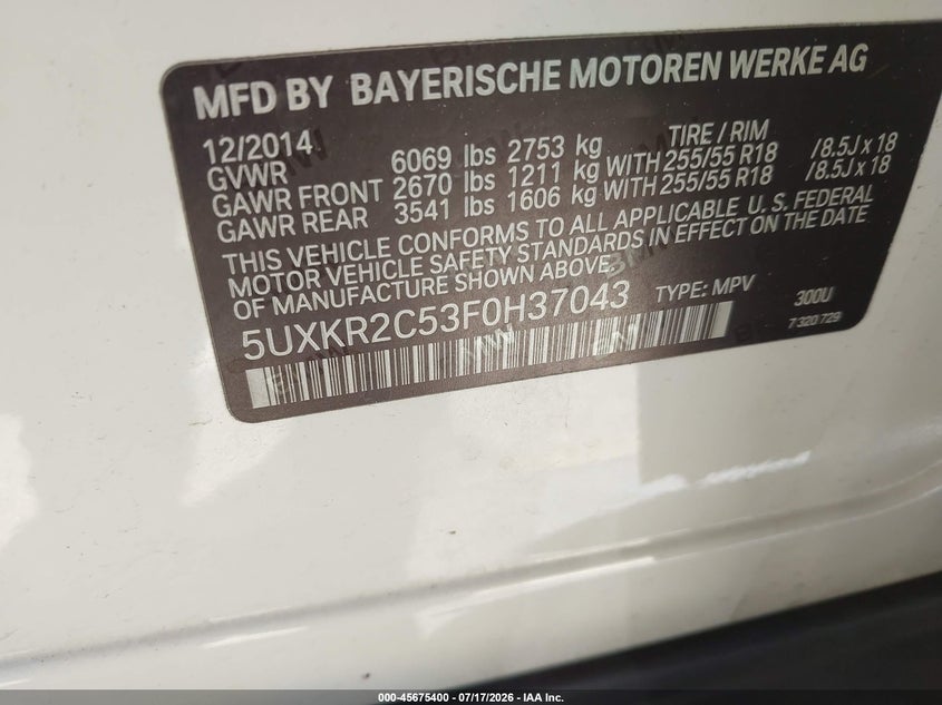 2015 BMW X5 Sdrive35I VIN: 5UXKR2C53F0H37043 Lot: 45675400
