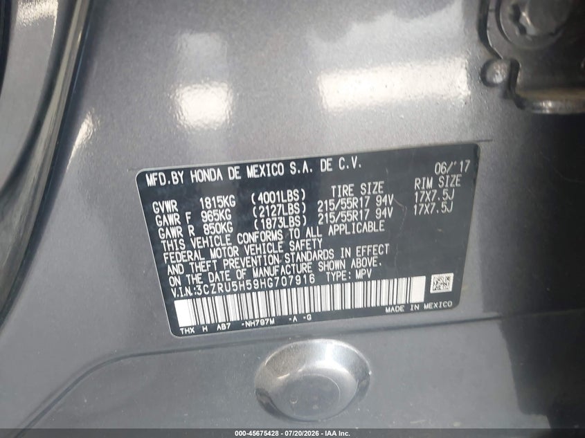 2017 Honda Hr-V Ex VIN: 3CZRU5H59HG707916 Lot: 45675428