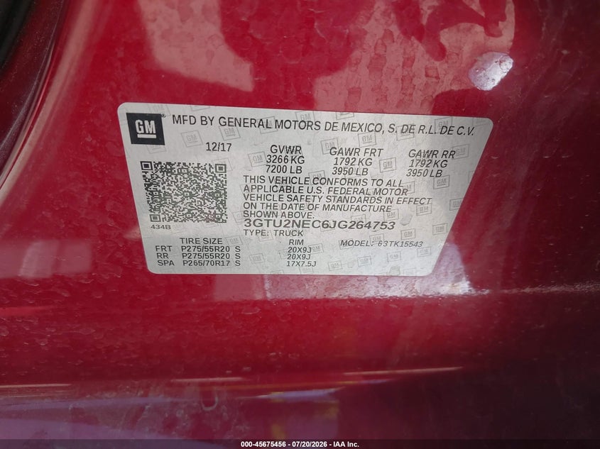 2018 GMC Sierra 1500 Slt VIN: 3GTU2NEC6JG264753 Lot: 45675456