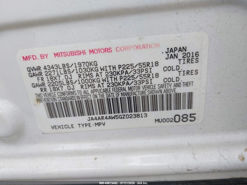 2016 Mitsubishi Outlander Sport 2.4 Gt VIN: JA4AR4AW5GZ023813 Lot: 45675462