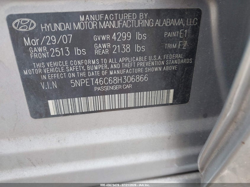 2008 Hyundai Sonata Gls VIN: 5NPET46C68H306866 Lot: 45675476