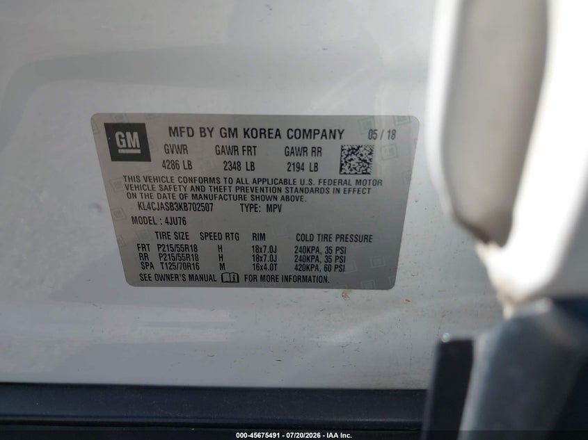 2019 Buick Encore Fwd Preferred VIN: KL4CJASB3KB702507 Lot: 45675491