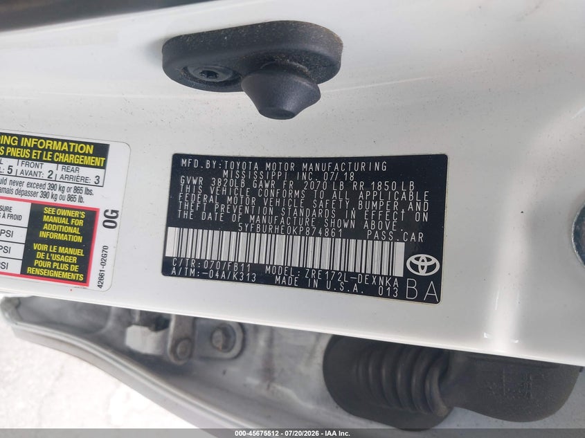 2019 Toyota Corolla Le VIN: 5YFBURHE0KP874861 Lot: 45675512