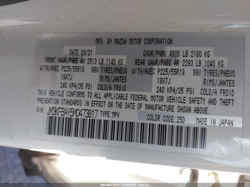 2021 Mazda Cx-5 Grand Touring Reserve VIN: JM3KFBAY5M0473817 Lot: 45675513