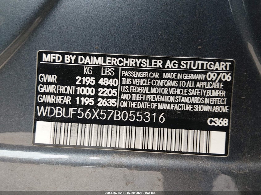 2007 Mercedes-Benz E 350 VIN: WDBUF56X57B055316 Lot: 45675518