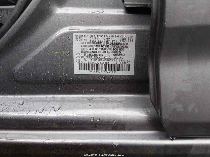 2021 Nissan Sentra Sv Xtronic Cvt VIN: 3N1AB8CV7MY234834 Lot: 45675519