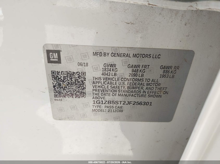 2018 Chevrolet Malibu 1Ls VIN: 1G1ZB5ST2JF256301 Lot: 45675522