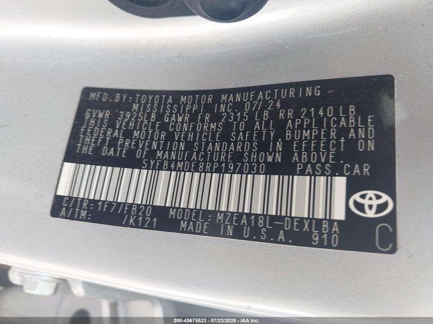 TOYOTA COROLLA 2024 VIN 5YFB4MDE8RP197030