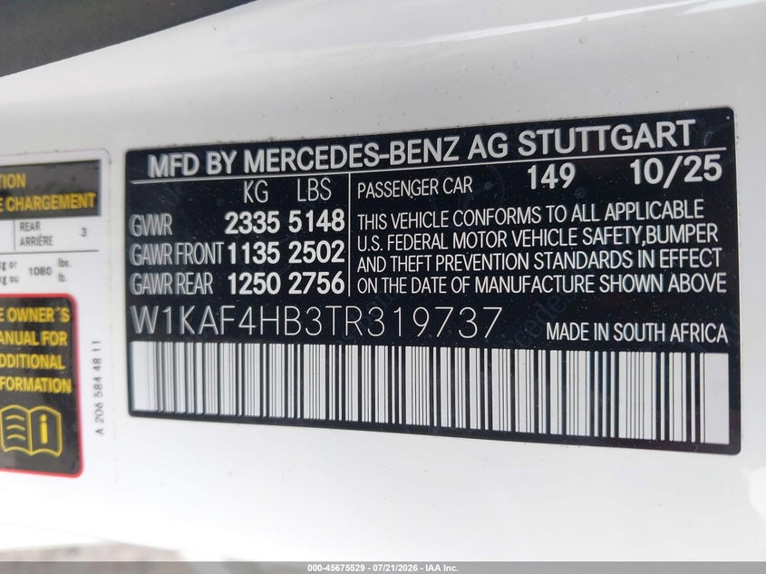 2026 Mercedes-Benz C 300 VIN: W1KAF4HB3TR319737 Lot: 45675529