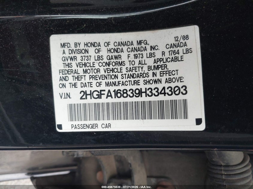 2009 Honda Civic Ex VIN: 2HGFA16839H334303 Lot: 45675538