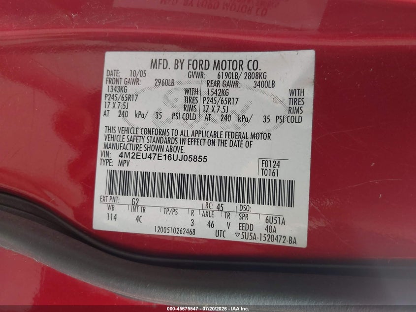 2006 Mercury Mountaineer Luxury VIN: 4M2EU47E16UJ05855 Lot: 45675547