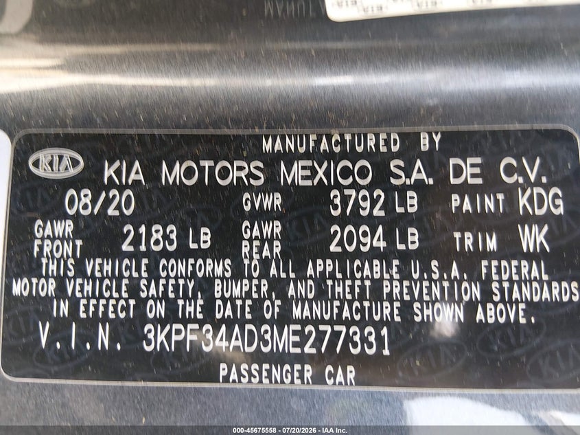 2021 Kia Forte Gt-Line VIN: 3KPF34AD3ME277331 Lot: 45675558