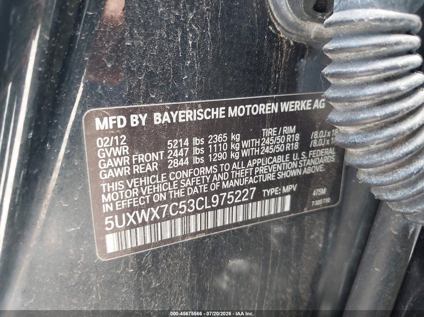 2012 BMW X3 xDrive35I VIN: 5UXWX7C53CL975227 Lot: 45675566