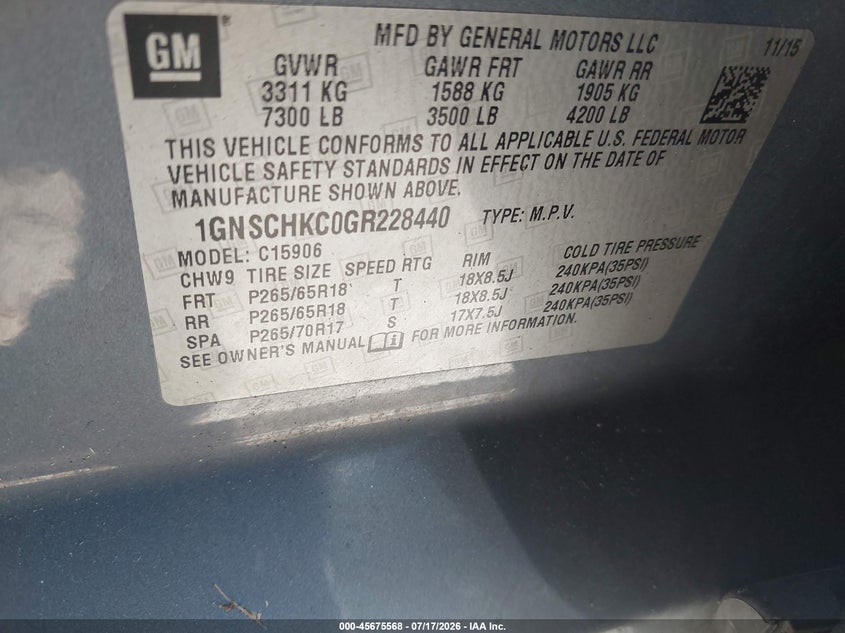 2016 Chevrolet Suburban Lt VIN: 1GNSCHKC0GR228440 Lot: 45675568